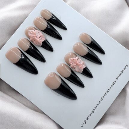 Stiletto French Tips With 3D Flowers.