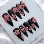 Black Stiletto 3D Cherry Blossom Nails
