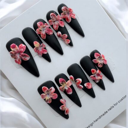 Black Stiletto 3D Cherry Blossom Nails