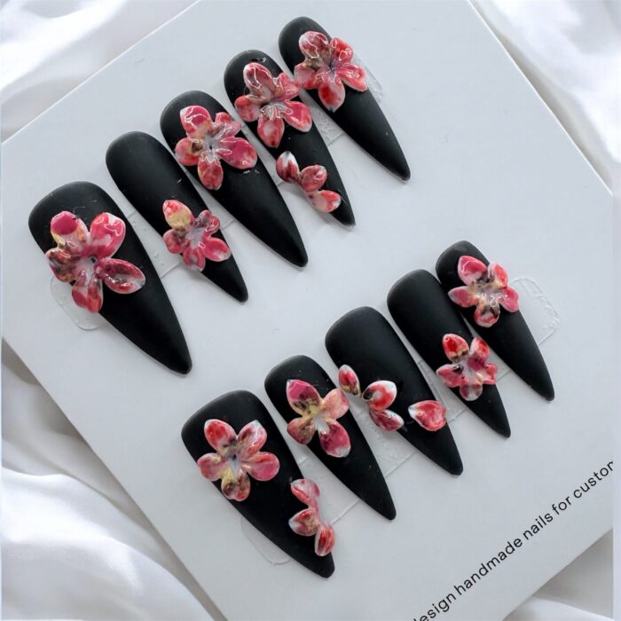 Black Stiletto 3D Cherry Blossom Nails - Image 1