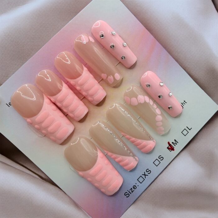 Unique Pink Square Nails With Jewels - Image 1