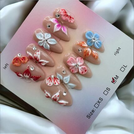 Multicolored 3D Flower Almond Nails