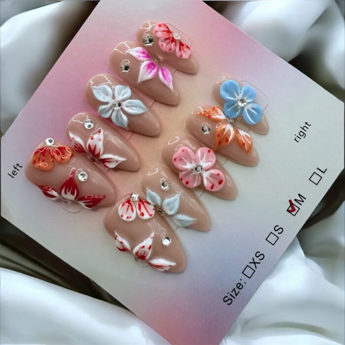 Multicolored 3D Flower Almond Nails - Image 1