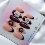 Deep Burgundy 3D Flower Almond Nails