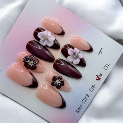 Deep Burgundy 3D Flower Almond Nails