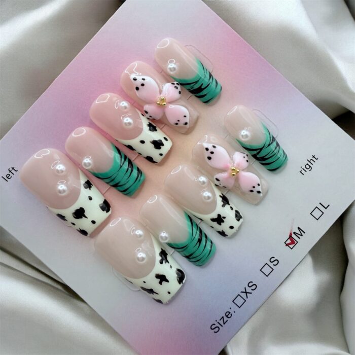 3D Flower Unique Animal Print French Tips - Image 1