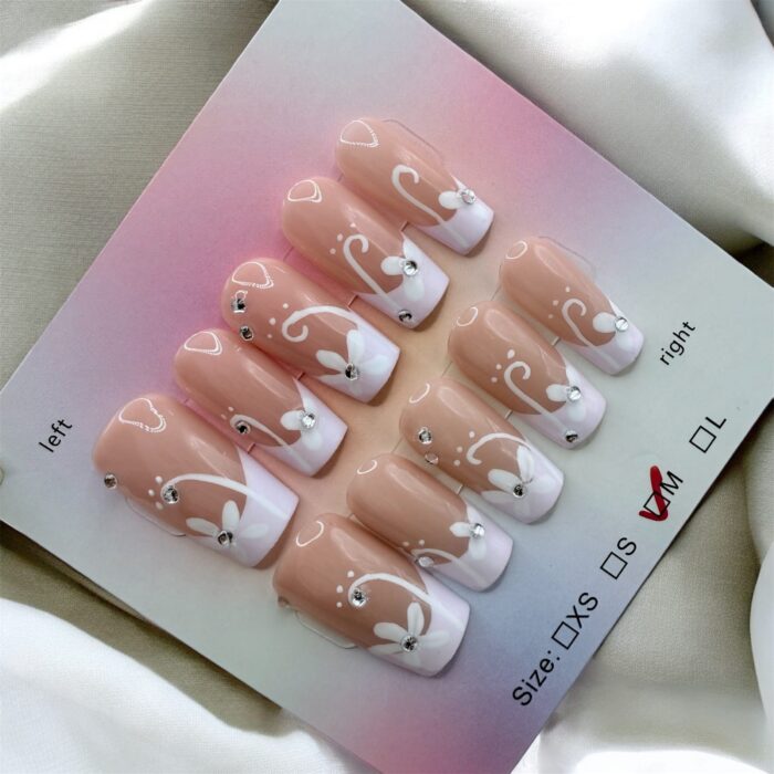 Hand Painted Flowers Pink French Tips - Image 1