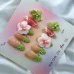 Green And Pink 3D Flower Almond Nails