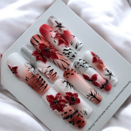 Chinese Style 3D Flowers Long Square Nails