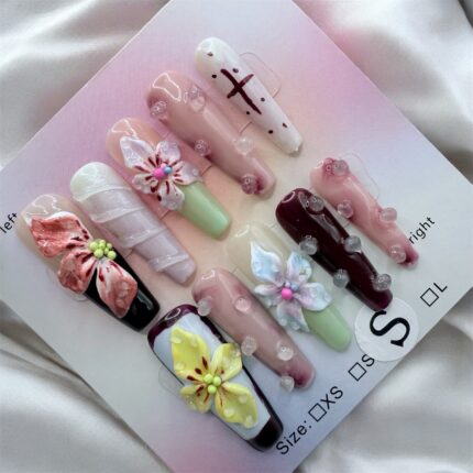 Colorful 3D Flower Coffin Nails