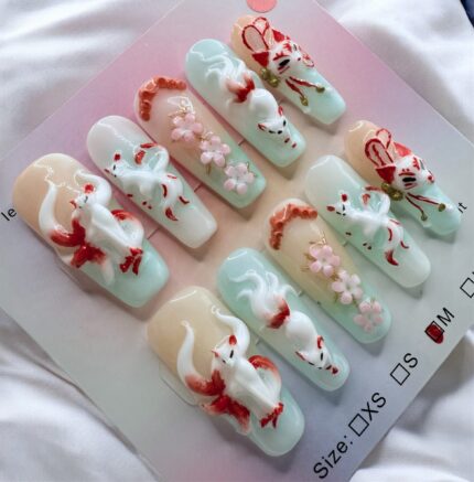 Hand Sculpted Nine Tailed Fox Coffin Nails