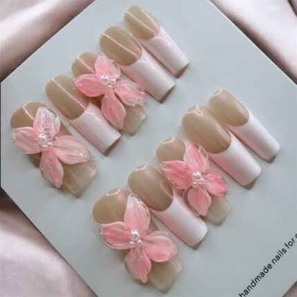 Double Layered Flower French Tip Square Nails