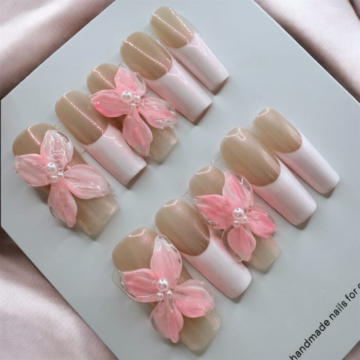 Double3dflowerpinkfrenchtips-ezgif.com-optijpeg Double Layered Flower French Tip Square Nails - Image 1