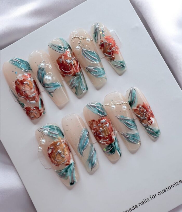 Hand Painted Peonies Square Nails - Image 1