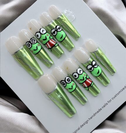 Sanrio Keroppi Hand Painted Long Coffin Nails