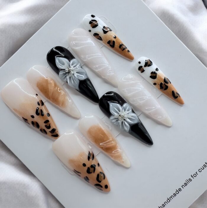 Leopard Print And 3D Flower Stiletto Nails - Image 1