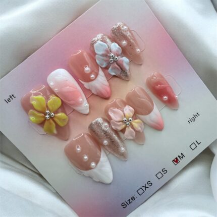 Almond Nails French Tips With 3D Flowers