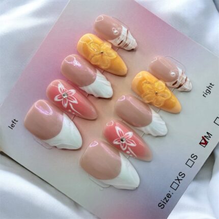 Almond 3D Flower With French Tips