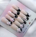 Square Black French Tips with 3D Pink Flowers