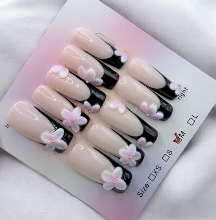 Square Black French Tips with 3D Pink Flowers