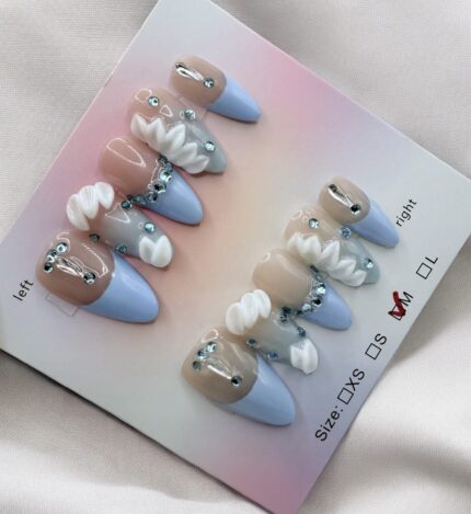 Blue French Tips With Elegant 3D Flower