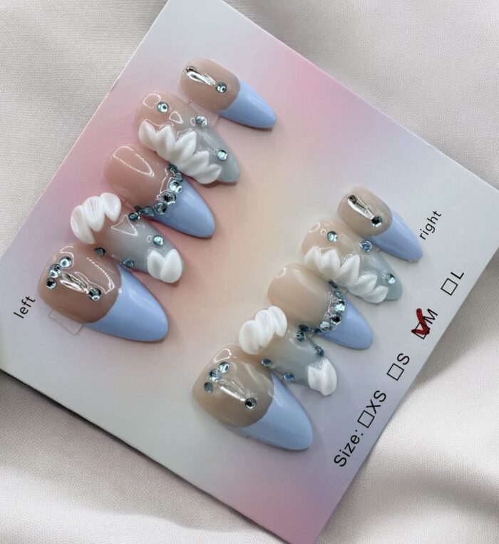 Blue French Tips With Elegant 3D Flower - Image 1