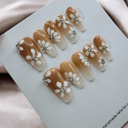 Hand Painted Short Flower Coffin Nails