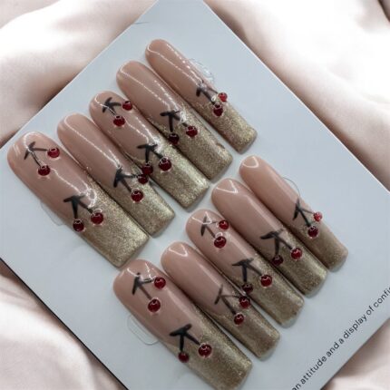 Golden Tip Hand Painted Cherries Square Nails