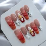 Coffin Nails Orange Tips With 3D Flower