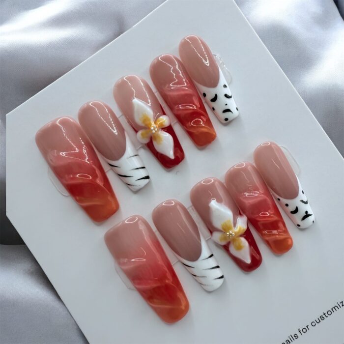 Coffin Nails Orange Tips With 3D Flower - Image 1