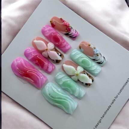 Mix And Match Green And Pink Square Nails