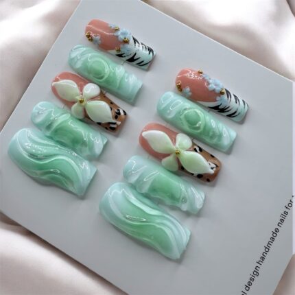 Long Square 3D Flowers Nails.