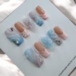 Pink And Blue Flower Square Nails