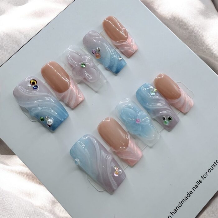 Pink And Blue Flower Square Nails - Image 1