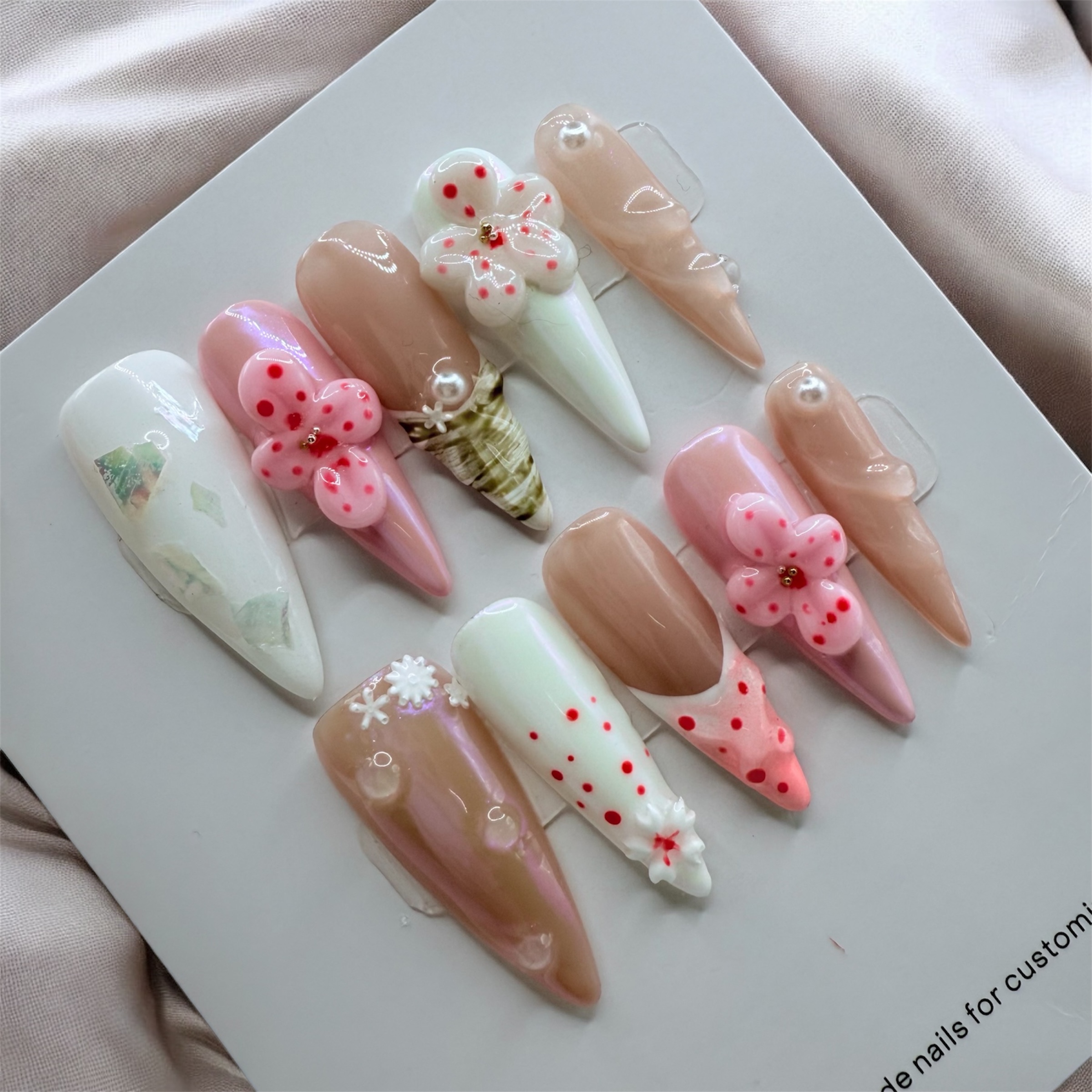 3D Pink And White Flower Stiletto Nails