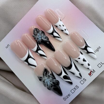 Black & White Stiletto 3D Flowers Nails