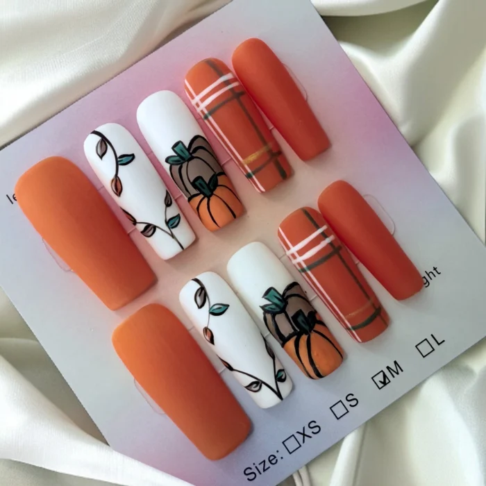 Matte Plaid With Pumpkin Hand Painted Nails - Image 1