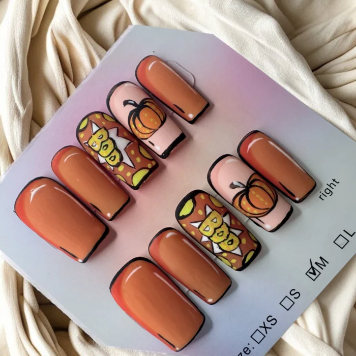 Matte Medium Length Fall Comic Book Style Nails - Image 1