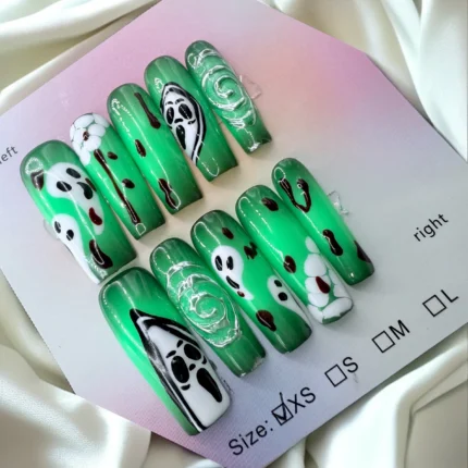 Square Green Spooky Halloween Nails