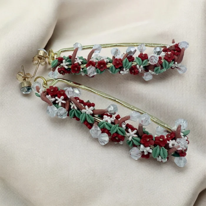 Red Flower Vine Polymer Clay Earrings - Image 1