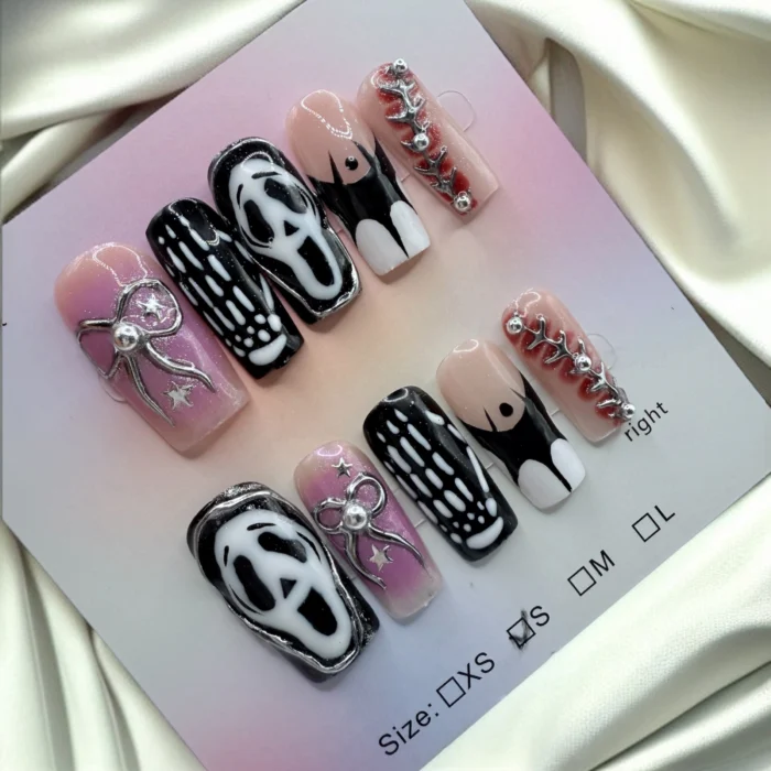 pink-and-black-ghost-face-bat-bones-bow-square-nails-ezgif.com-jpg-to-webp-converter Ghost Face Handmade Halloween Short Square - Image 1