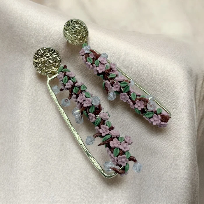 Handmade Pink Flower Vine Polymer Clay Earrings | Botanical Floral Hoops - Image 2