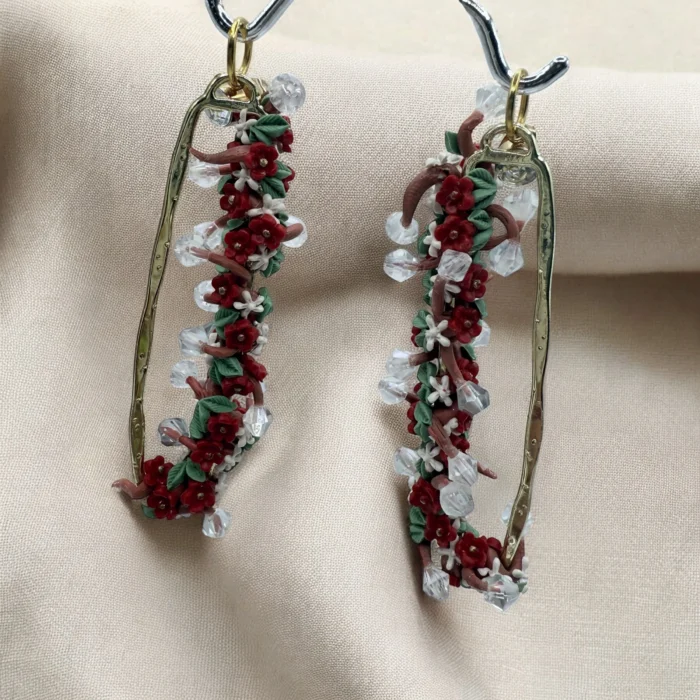 Red Flower Vine Polymer Clay Earrings - Image 2