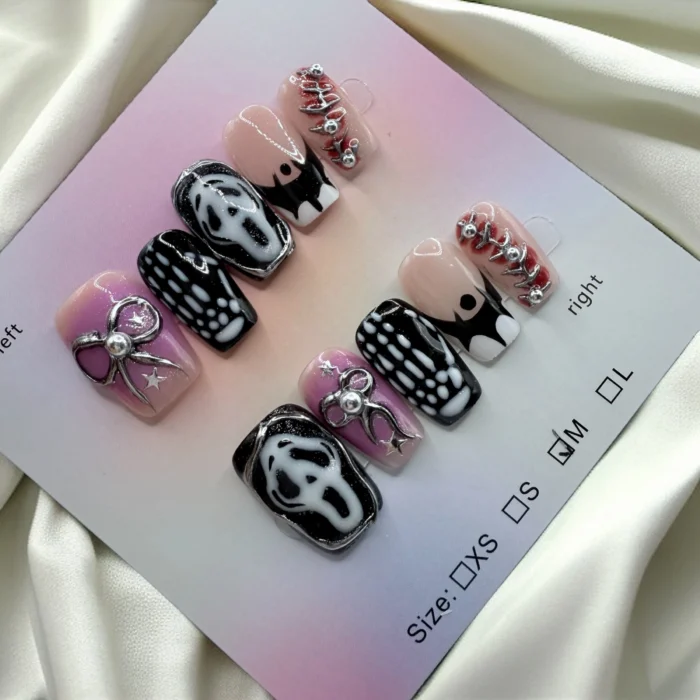 Extra Short Square Ghost Face Handmade Nails - Image 1