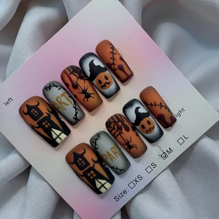 square-halloween-spooky-matte-pumpkin-nails-orange-and-black-ezgif.com-jpg-to-webp-converter Matte Medium Length Coffin Spooky Halloween Nails - Image 1