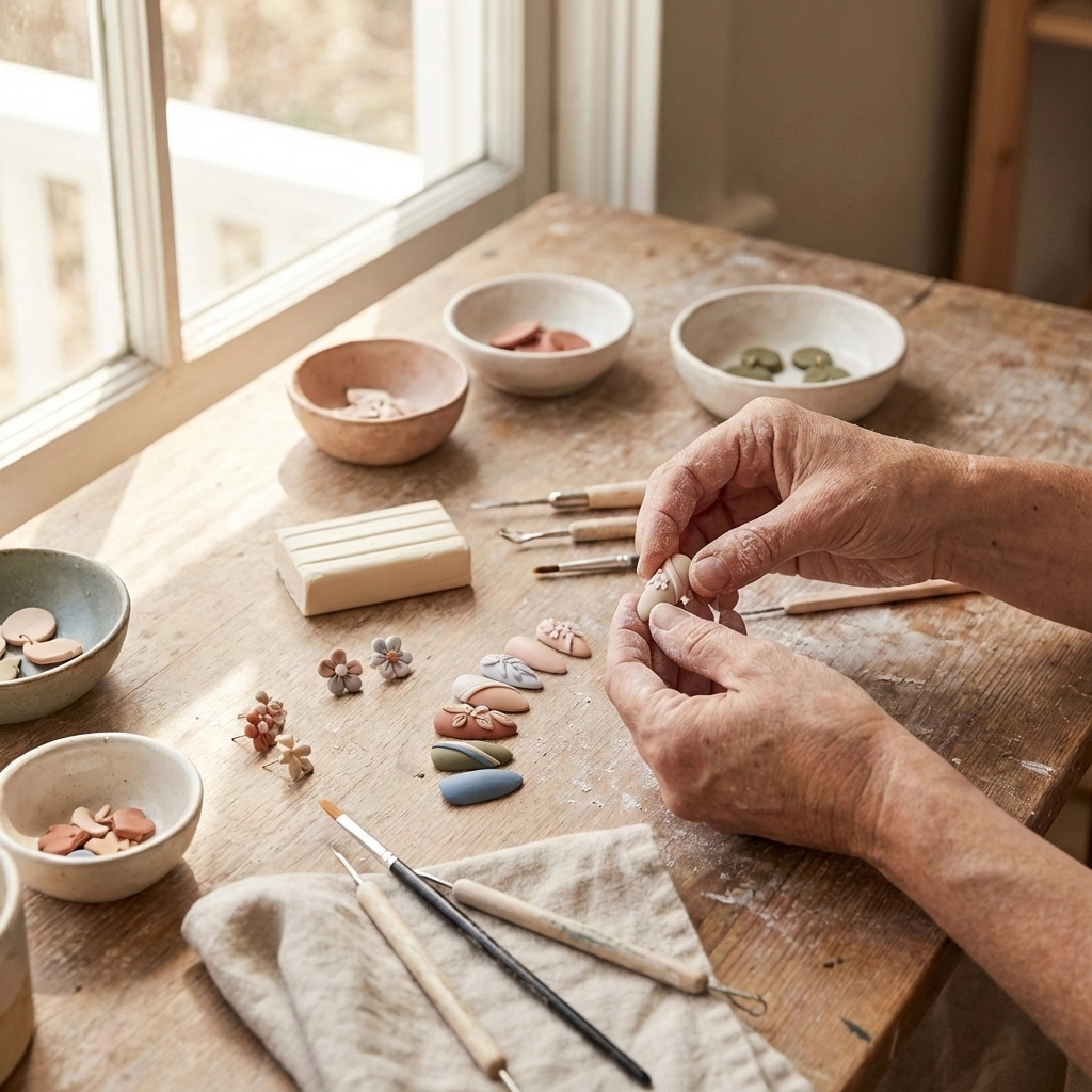 A skilled artisan’s hands are shown gently shaping polymer clay nails and earrings on a clean wooden worktable.
