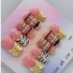 Luxury 3D Bangle Press On Nails | HandPainted Pink Zebra Bracelet Stack Nails | Gold Textured French Tip