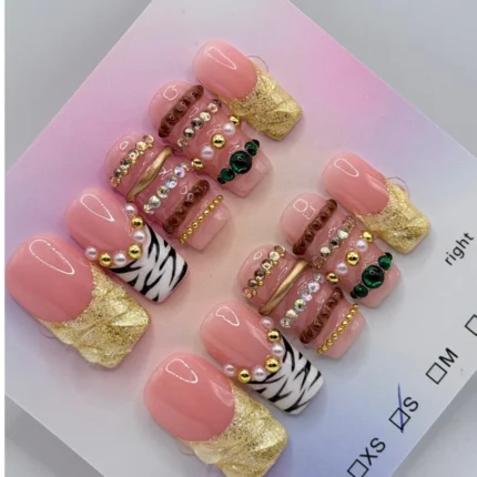 Luxury 3D Bangle Press On Nails | HandPainted Pink Zebra Bracelet Stack Nails | Gold Textured French Tip