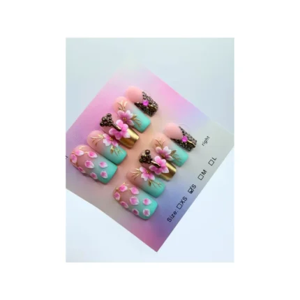 Luxury Handmade Press On Nails 3D Pink Flower Nails Teal Green & Gold Rhinestone
