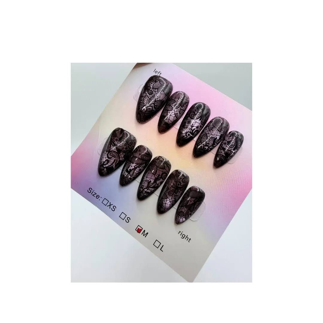 Handmade Press-On Nail Manicure Black Lace Gothic Stiletto False Nail Set